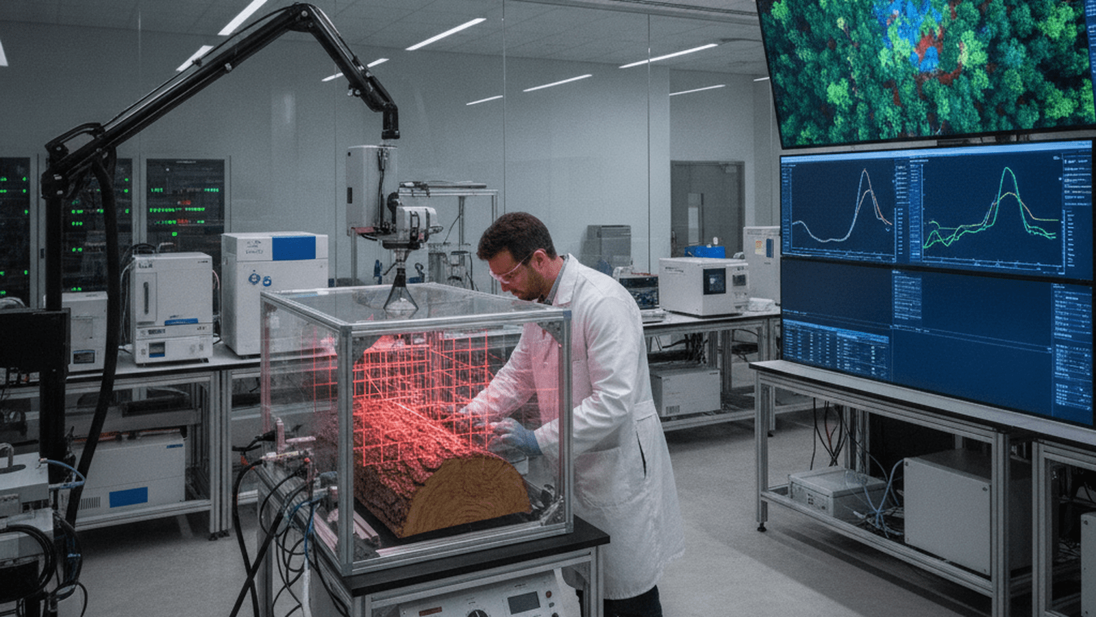 A scientist in a laboratory uses a gas-exchange chamber to measure methane absorption on a piece of tree bark.