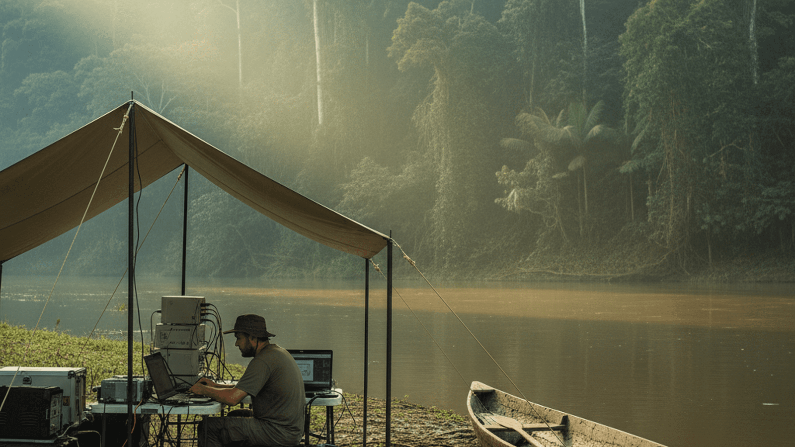 A portable neuroscience research station with medical equipment and solar panels set up on a riverbank in the Bolivian Amazon.