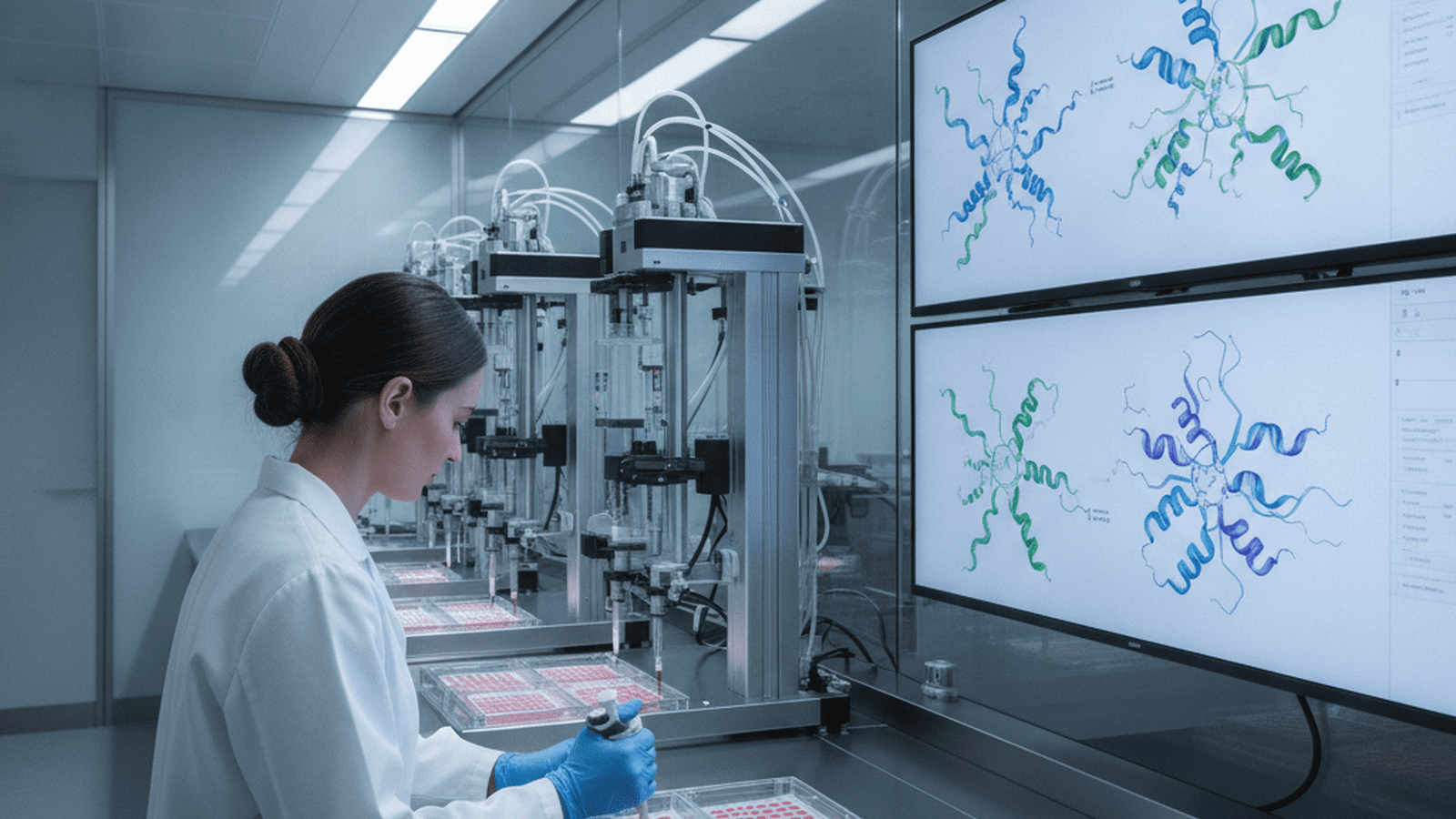 A scientist works with cell cultures in a modern oncology research laboratory.