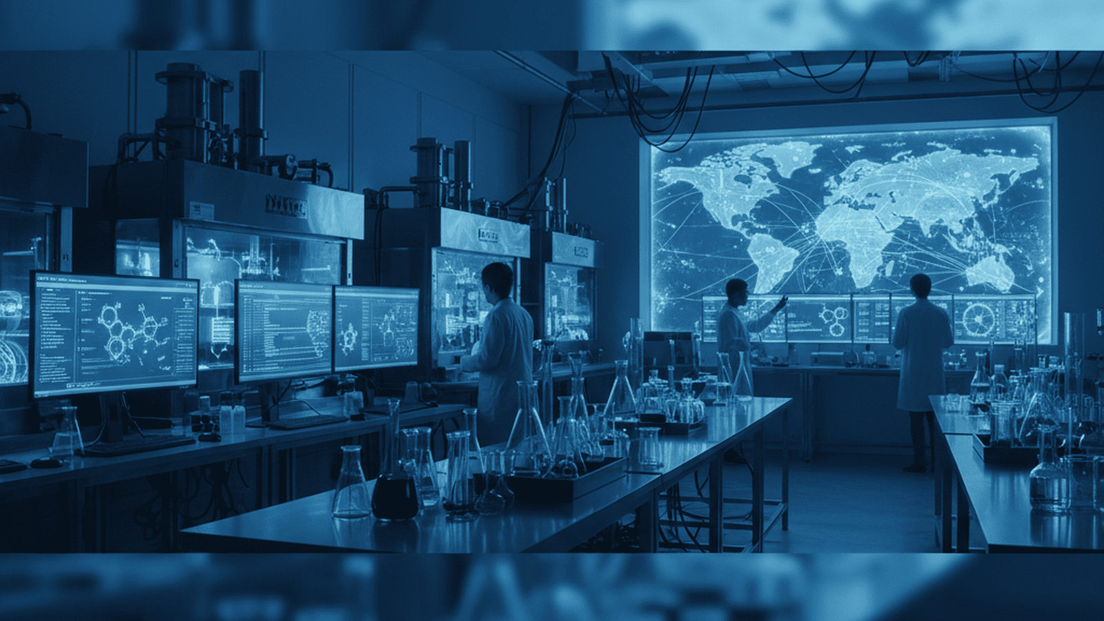 A modern oceanography laboratory with high-pressure research equipment and digital displays of deep-sea data.