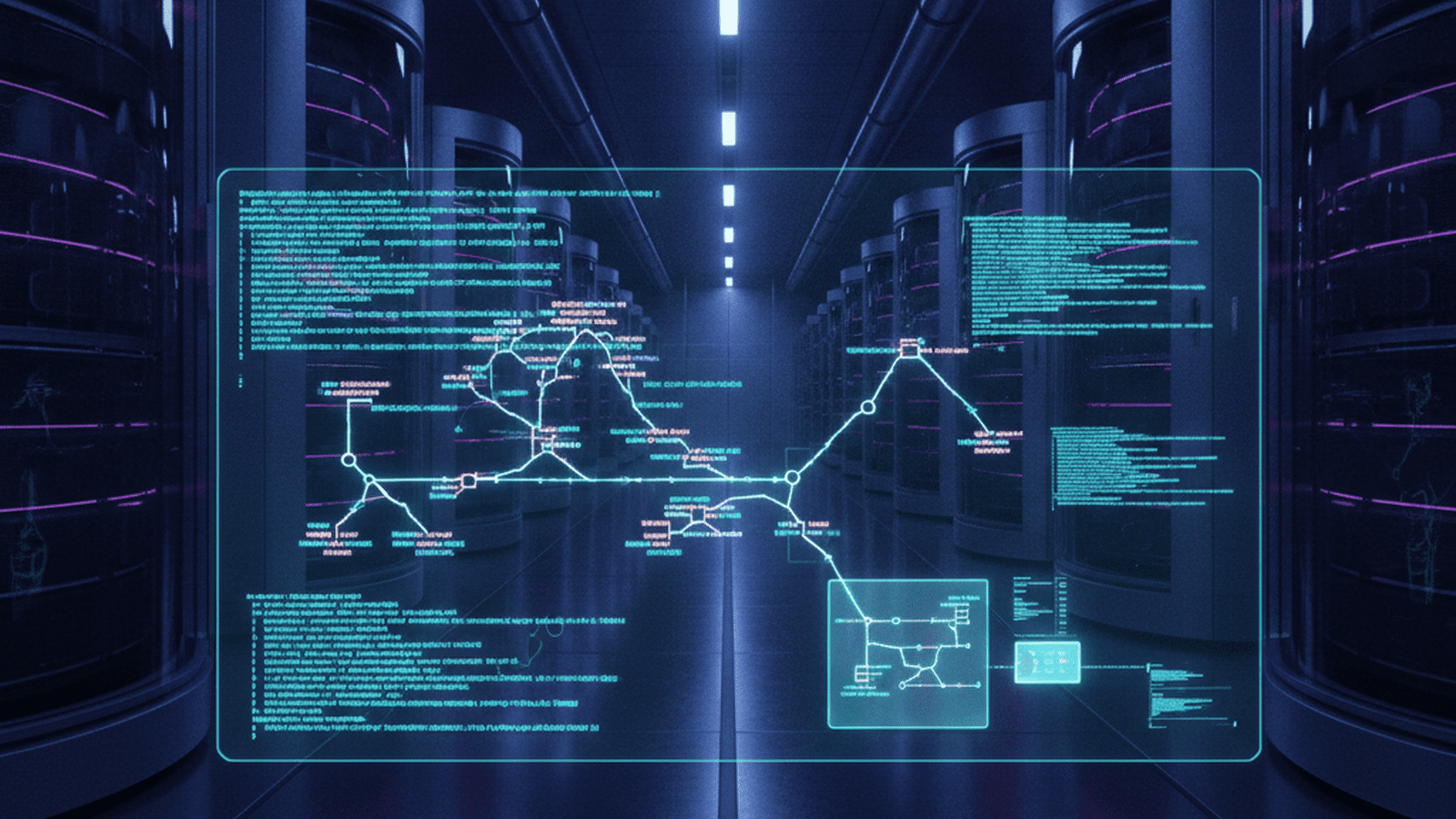 A futuristic server room with a holographic display showing digital code optimization.