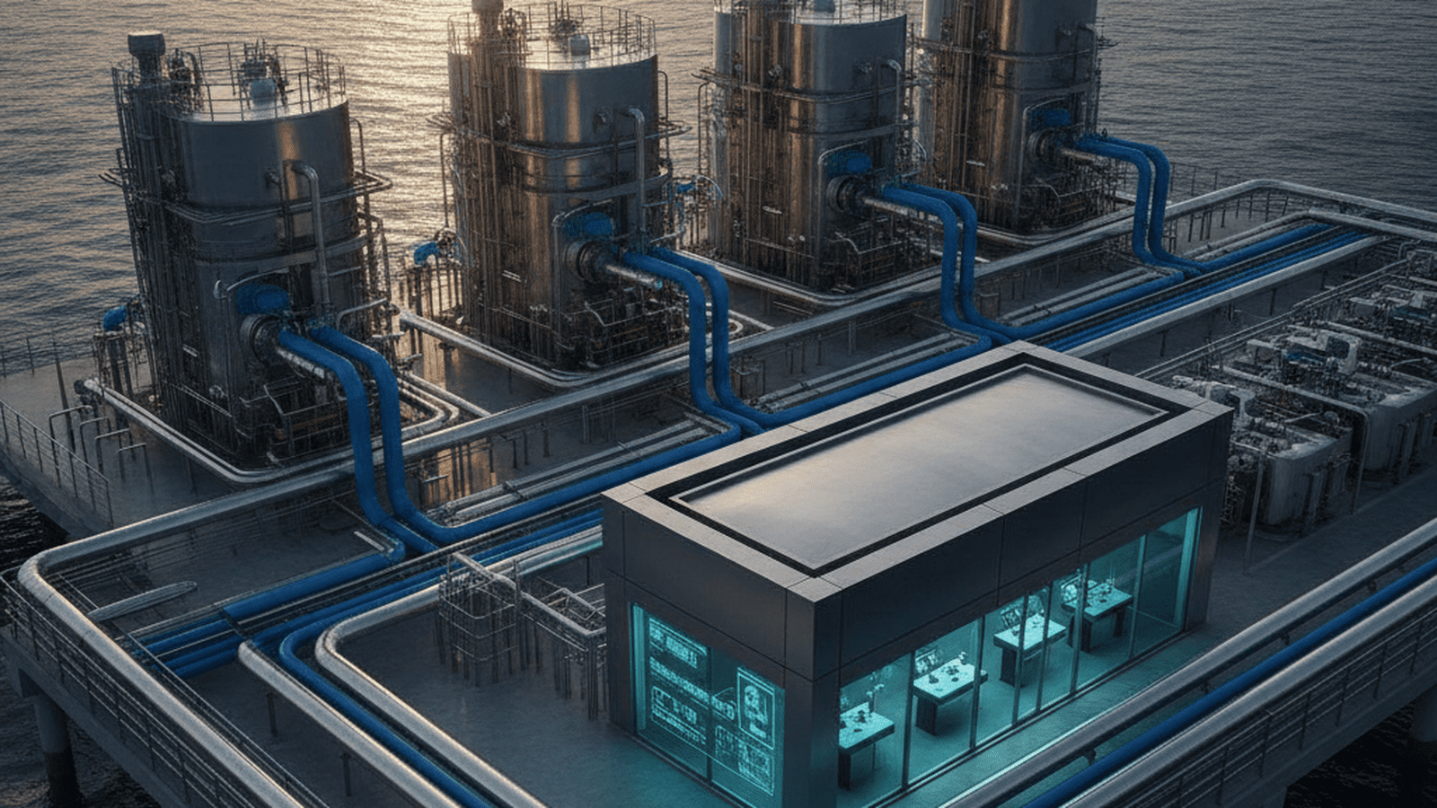 science-equatic-seawater-carbon-removal-hydrogen-bcef55a3 An industrial seawater electrolysis plant on a coastline designed for carbon capture and hydrogen production.