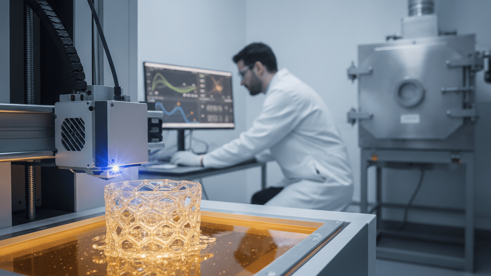 A high-precision 3D printer uses a blue laser to create a complex lattice structure from amber resin in a modern materials science lab.