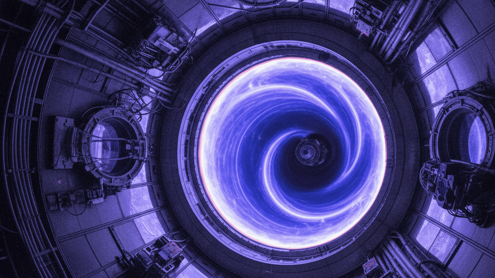 A glowing ring of purple plasma inside a metallic tokamak fusion reactor.
