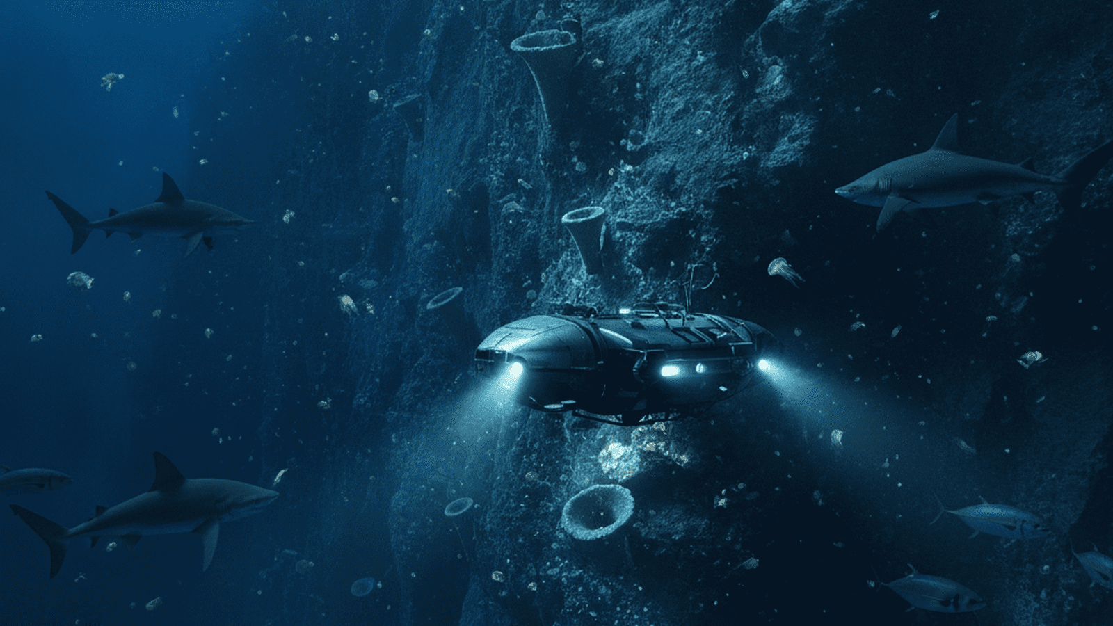 A submersible illuminates a deep-sea cliff where sharks and tuna feed on trapped organisms.