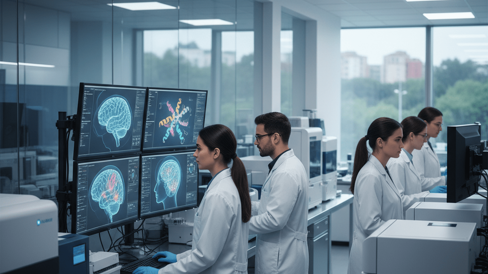 Researchers in a high-tech lab analyze brain scans and genetic data on large monitors.