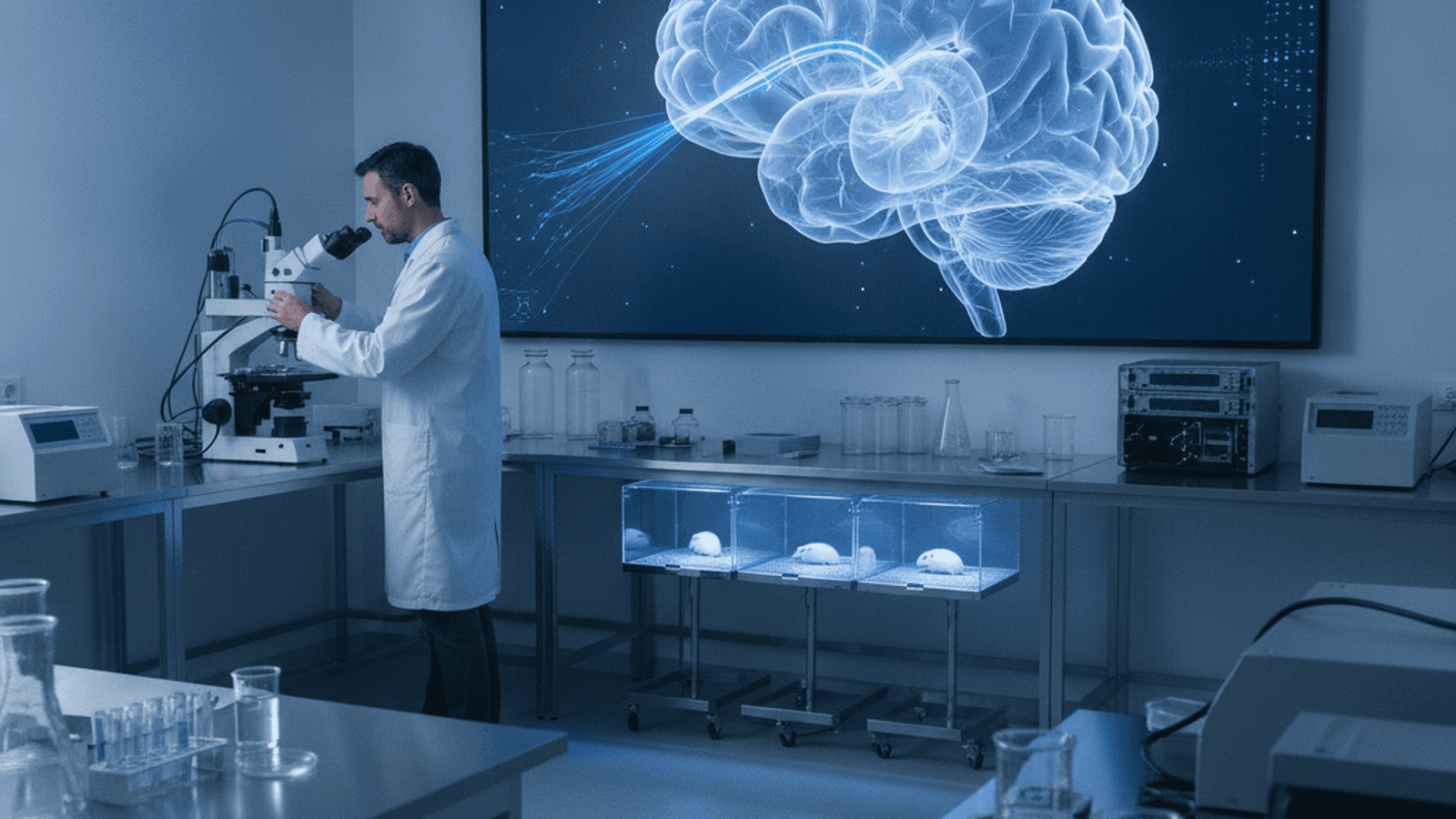 science-nih-auditory-analgesia-circuit-discovery-fac303aa A digital 3D model of a brain showing a neural pathway between the auditory and pain centers in a modern laboratory.