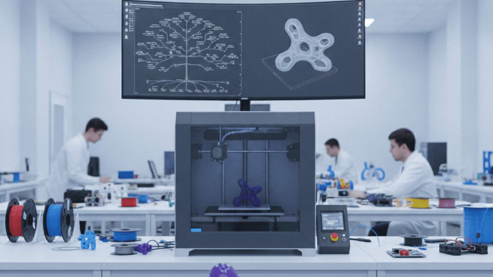 A translucent purple robot designed by AI sits on a laboratory workbench next to a 3D printer.