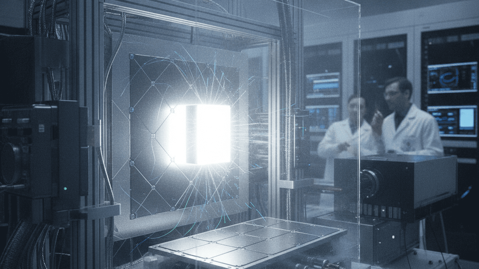 A thermophotovoltaic cell captures intense infrared radiation from a heated carbon source in a laboratory experiment.