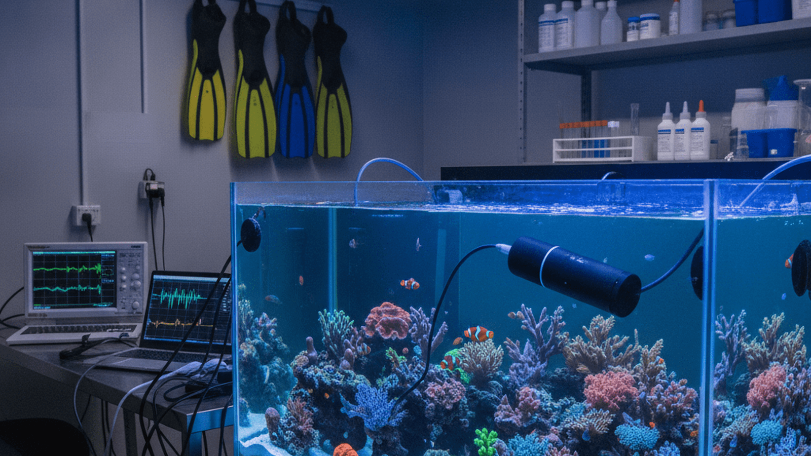 A laboratory tank showing a coral fragment and an underwater speaker used for acoustic enrichment research.
