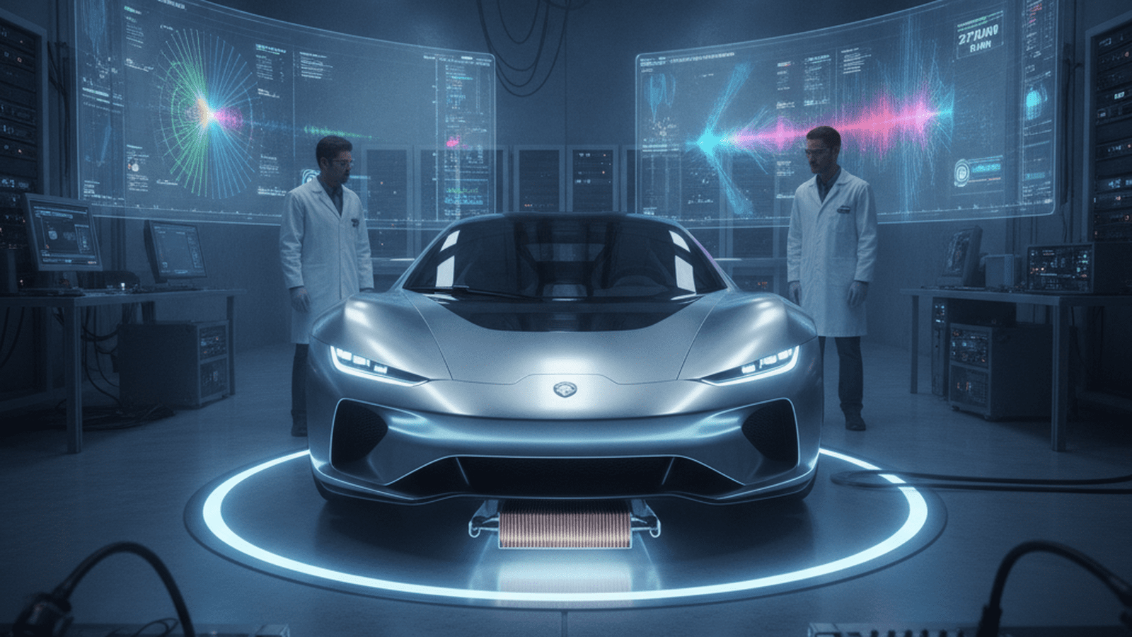 An electric vehicle positioned over a wireless charging pad in a sophisticated research laboratory.