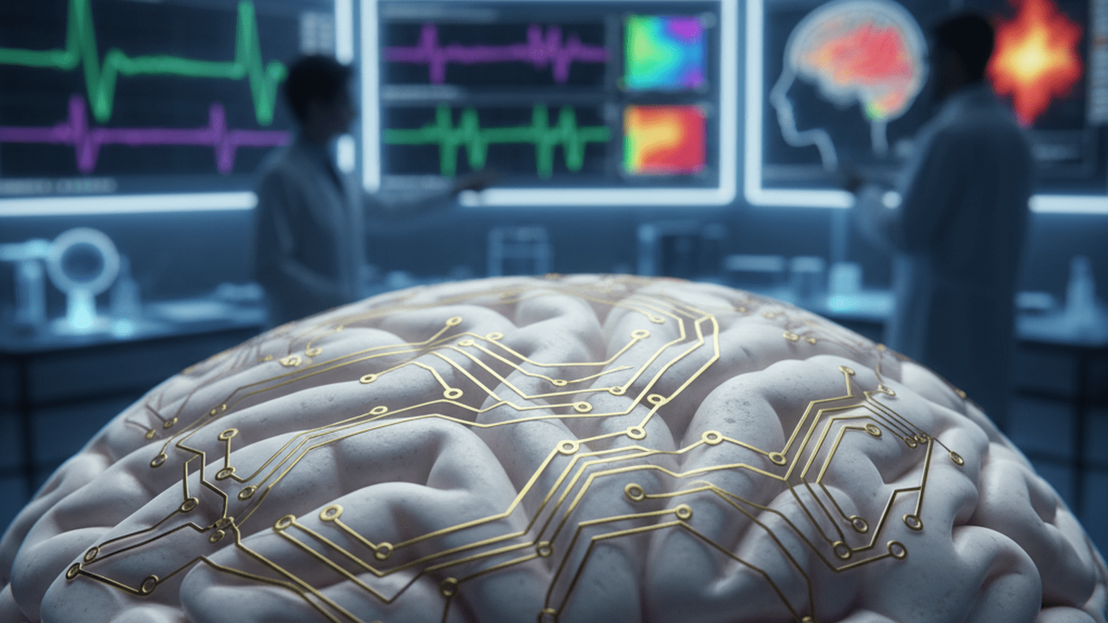A translucent microelectrode array with gold circuitry sits on a model of the human brain in a laboratory.
