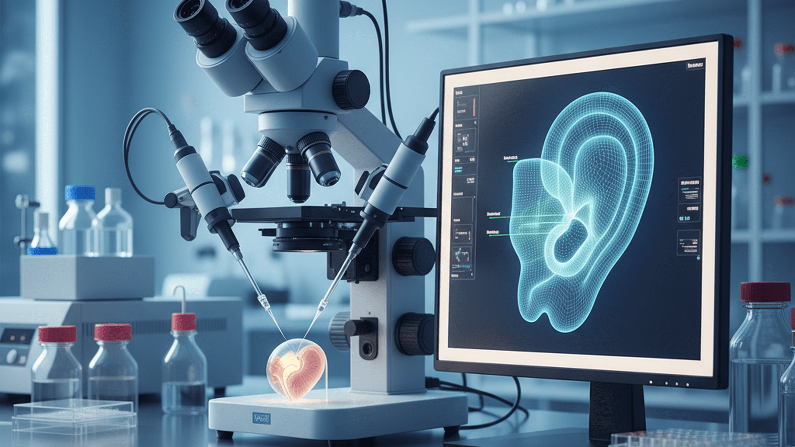 A high-precision micro-injection system in a sterile biomedical laboratory used for inner ear gene therapy research.