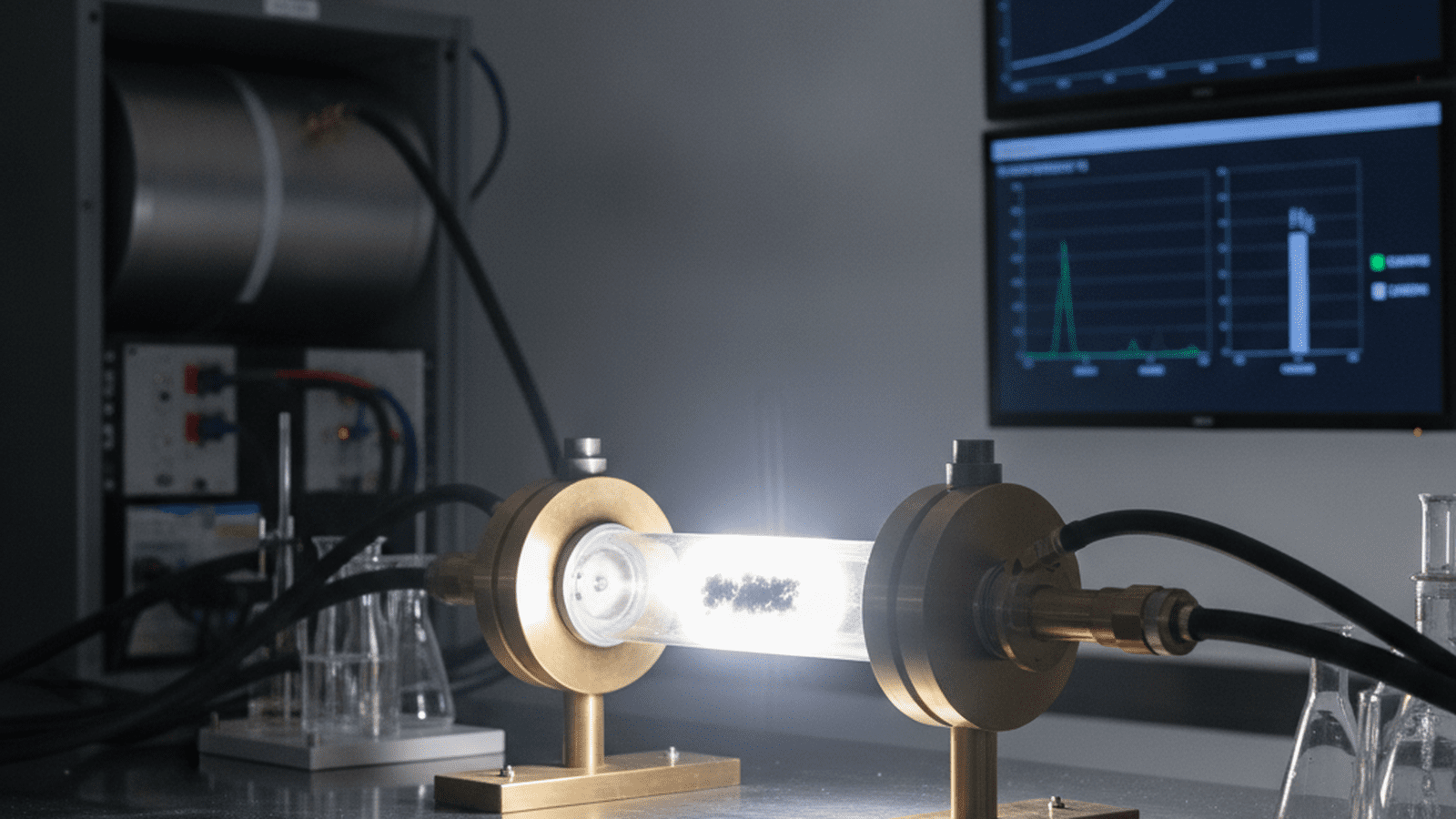 A laboratory apparatus performing flash Joule heating on a plastic sample, producing a bright white flash within a quartz tube.