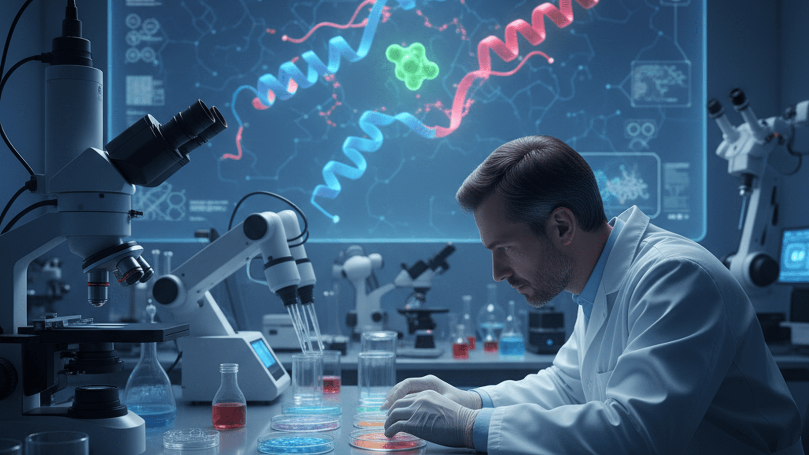 A scientist in a sterile laboratory examines bacterial cultures near a digital display of a molecular protein model.