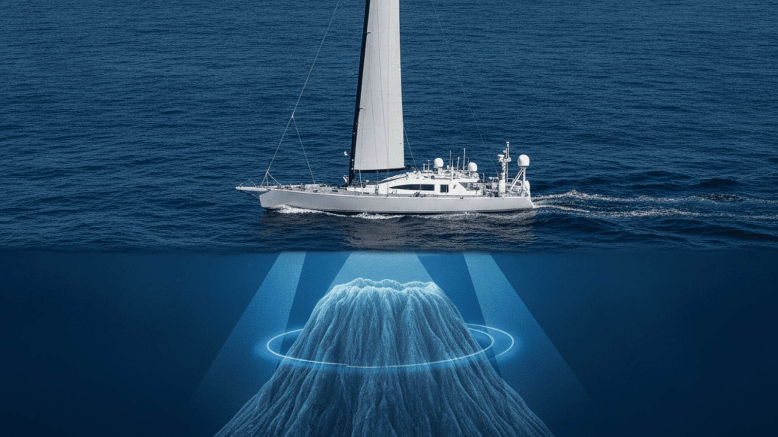 An autonomous mapping vessel sails across the ocean while sonar beams detect a large underwater mountain.