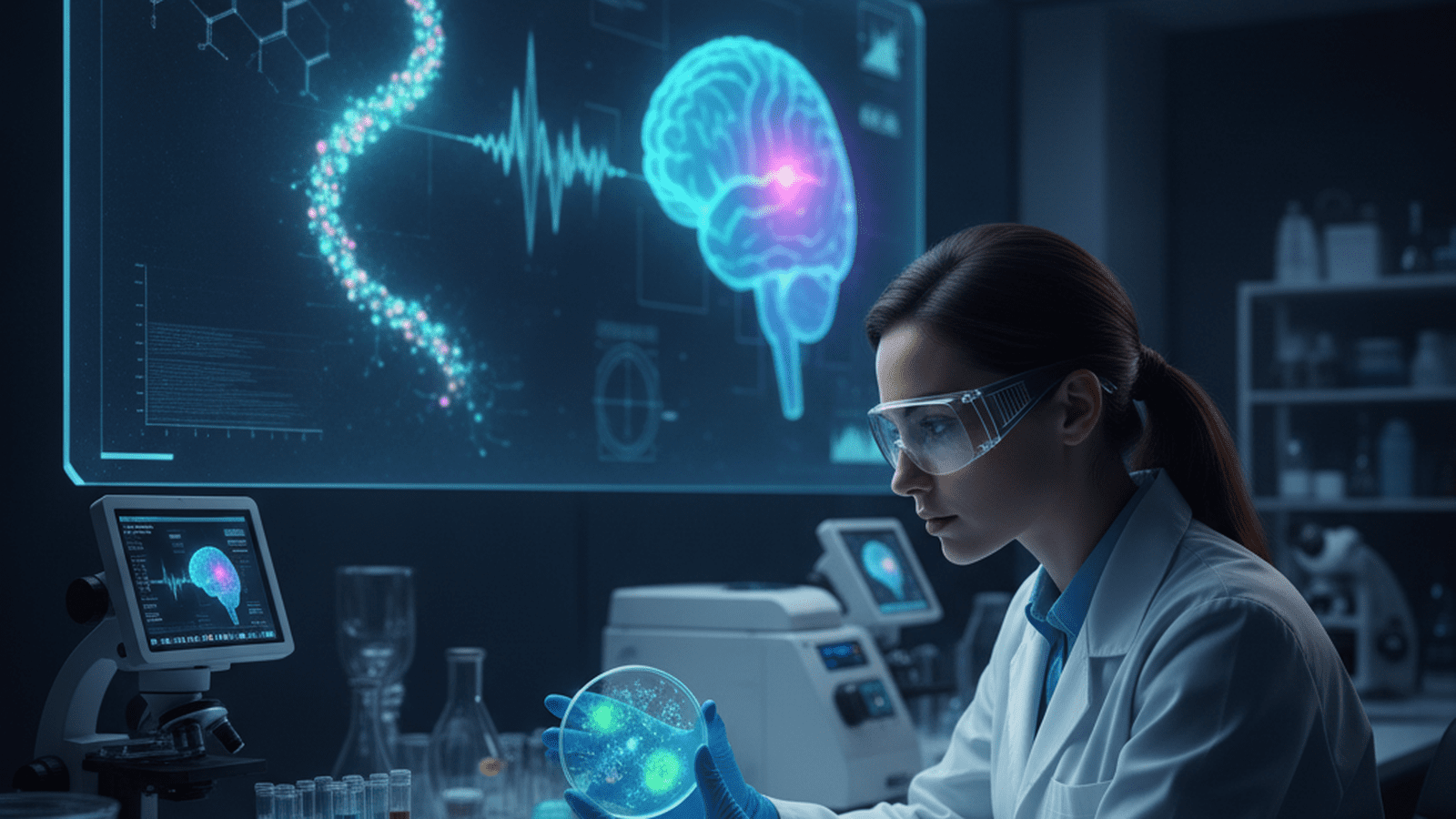 science-salinispora-marizomib-brain-cancer-breakthrough-34e88d4e A scientist in a modern medical laboratory analyzes marine-derived compounds for cancer research.
