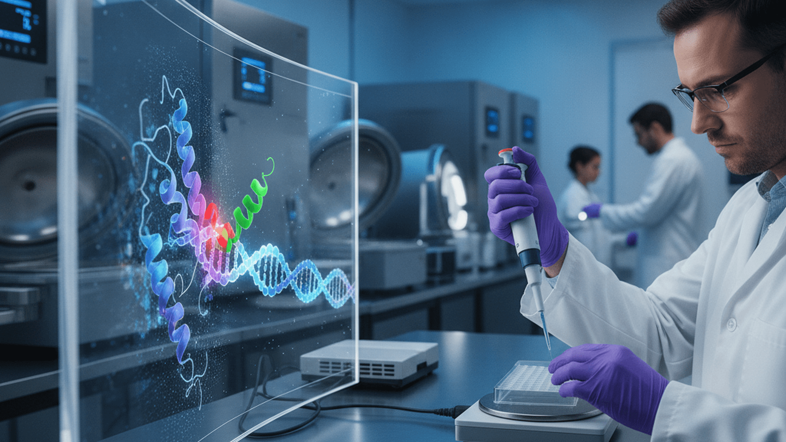 A scientist works in a high-tech laboratory with a digital molecular model of the FOXO1 protein visible on a screen.