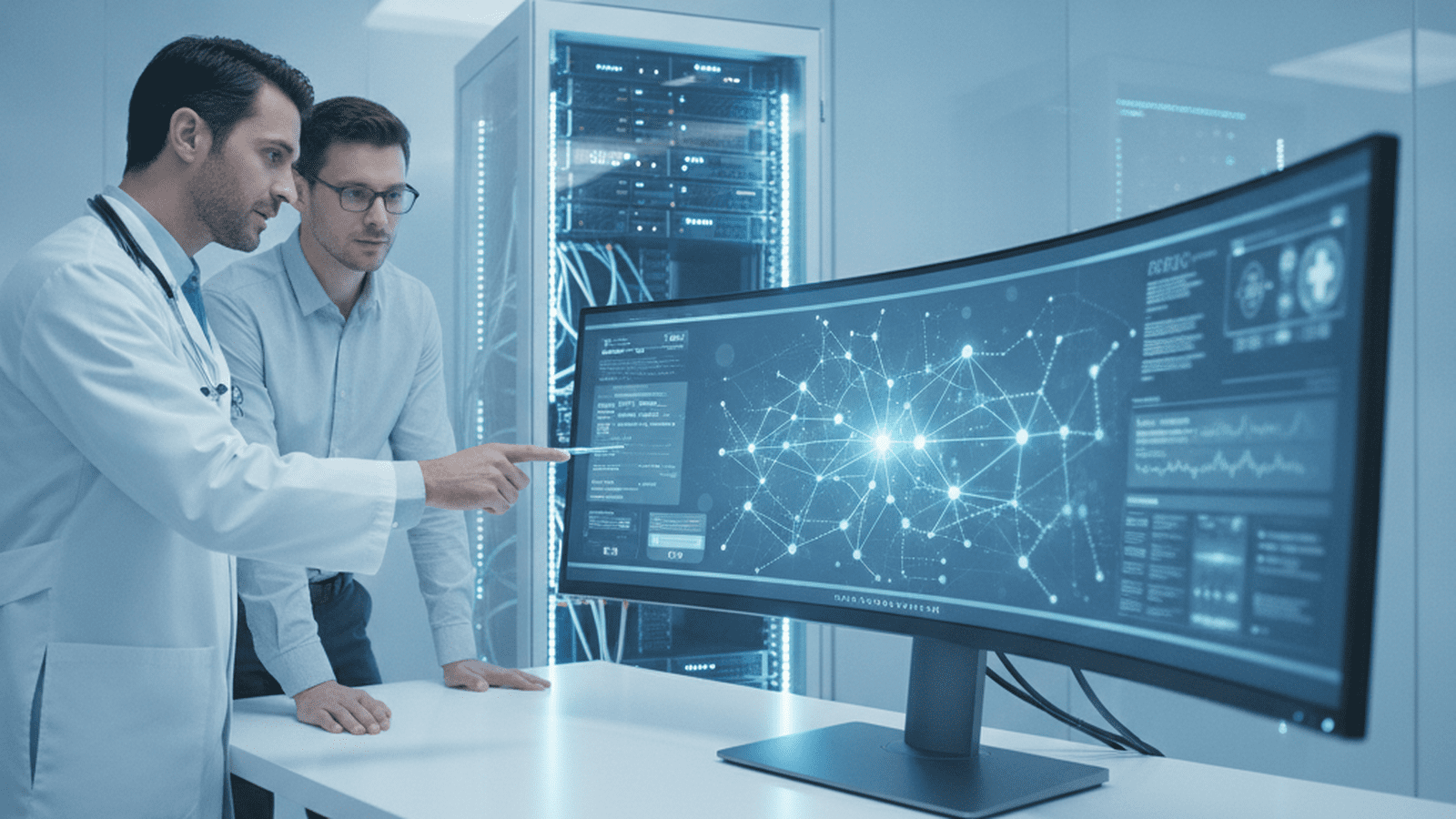 science-ubc-ai-cancer-survival-prediction-c0f56f5b A digital interface showing AI analysis of medical records in a high-tech hospital setting.