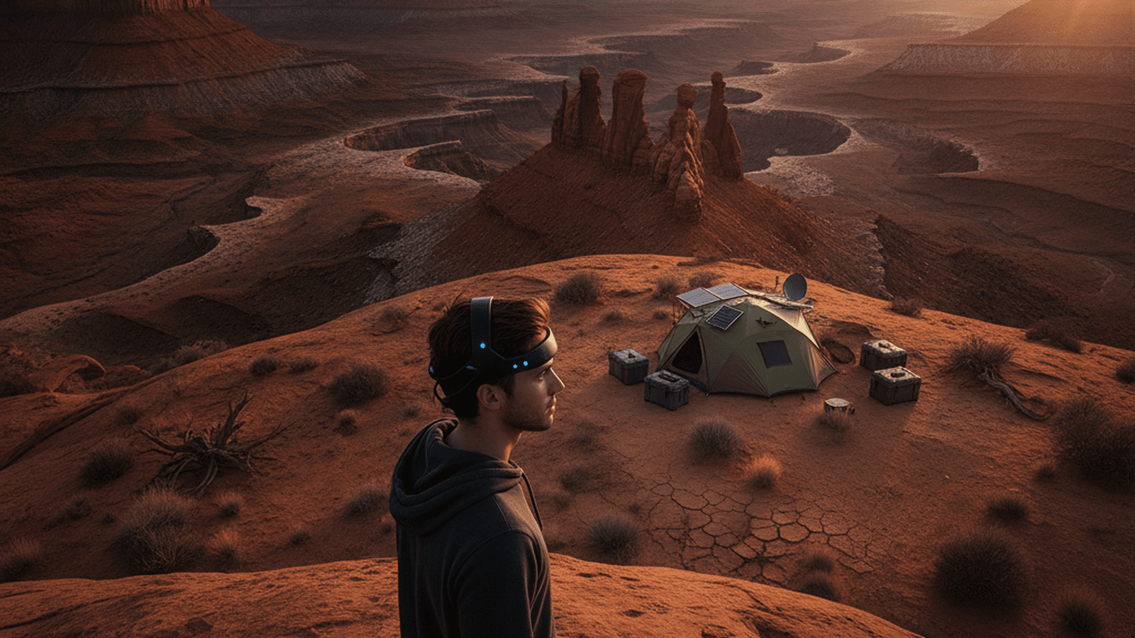 A researcher wearing a portable EEG headset stands on a desert cliff overlooking a vast canyon system during a scientific field expedition.