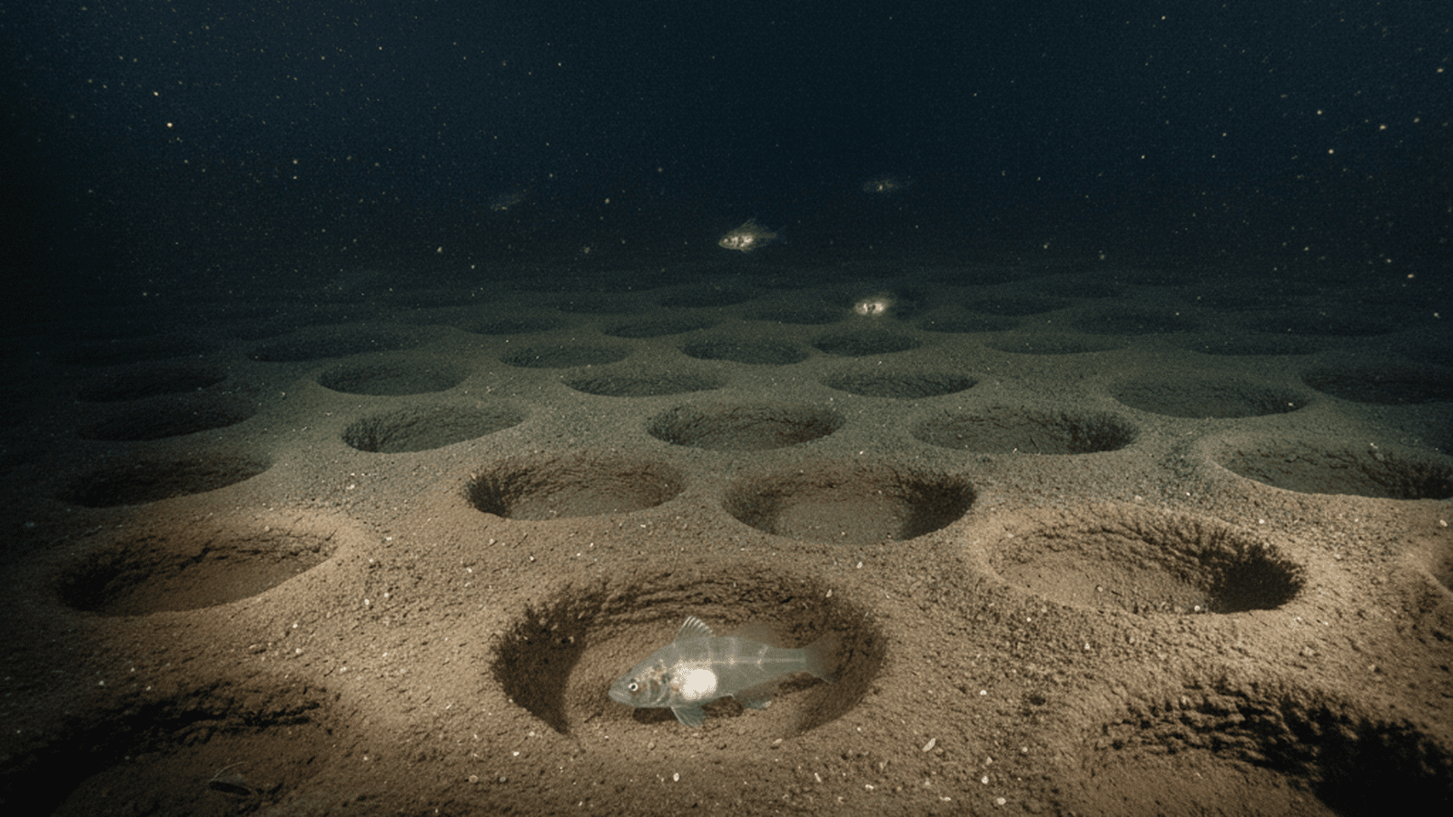 A vast field of circular icefish nests on the Antarctic seafloor.