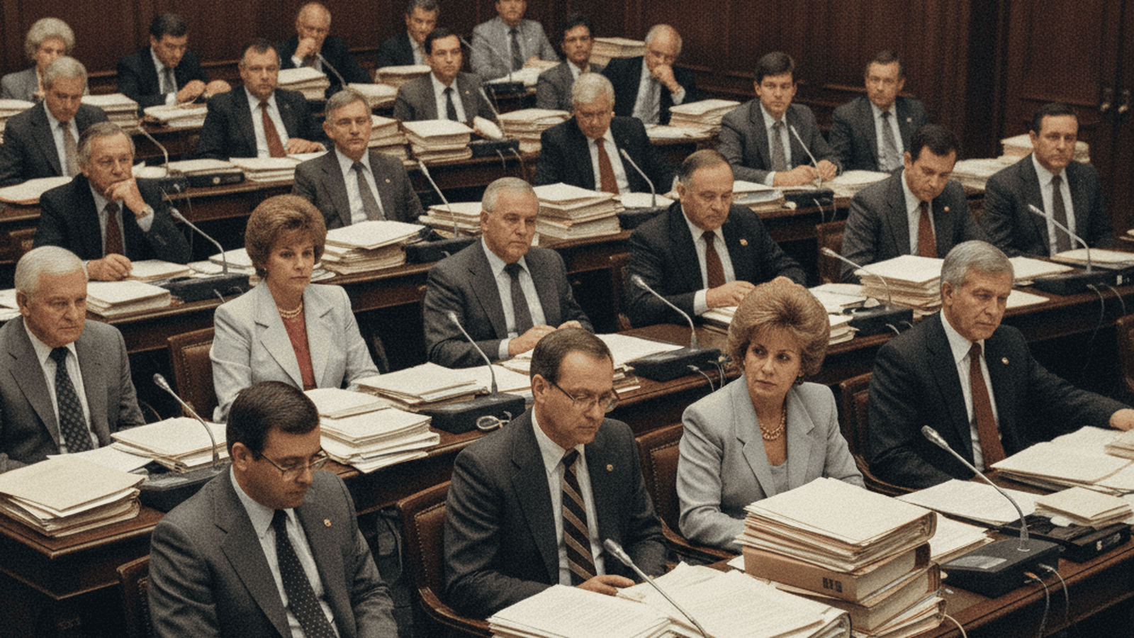 A 1988 scene of the Arizona State Senate chamber during an impeachment trial, featuring period-accurate clothing and wood-paneled architecture.