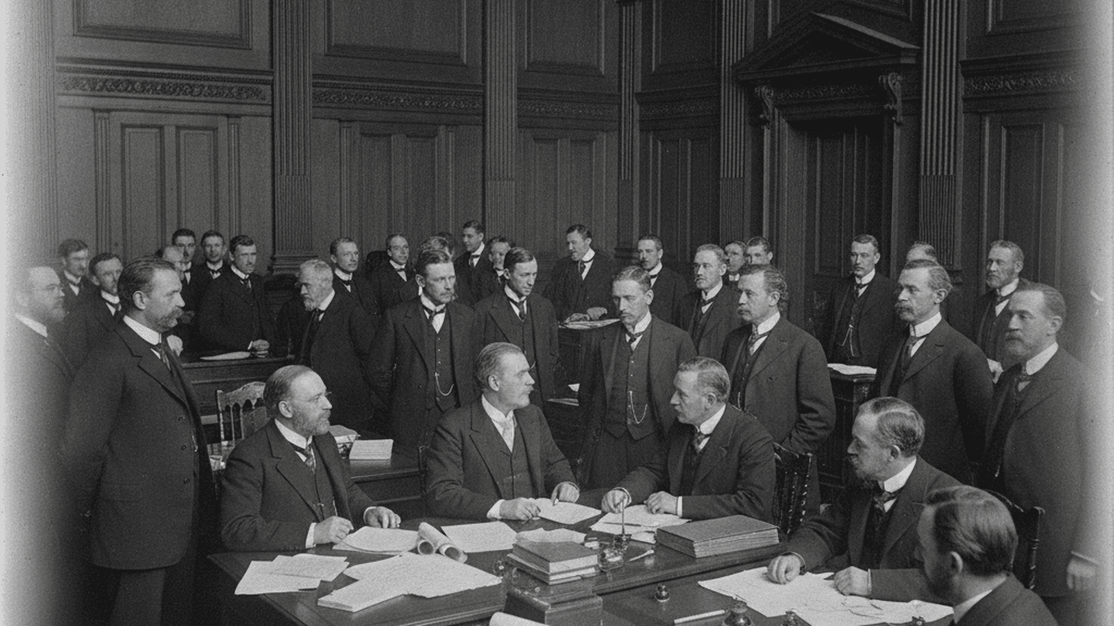 A group of male delegates in early 20th-century formal attire debating inside a wood-paneled legislative chamber in 1902.