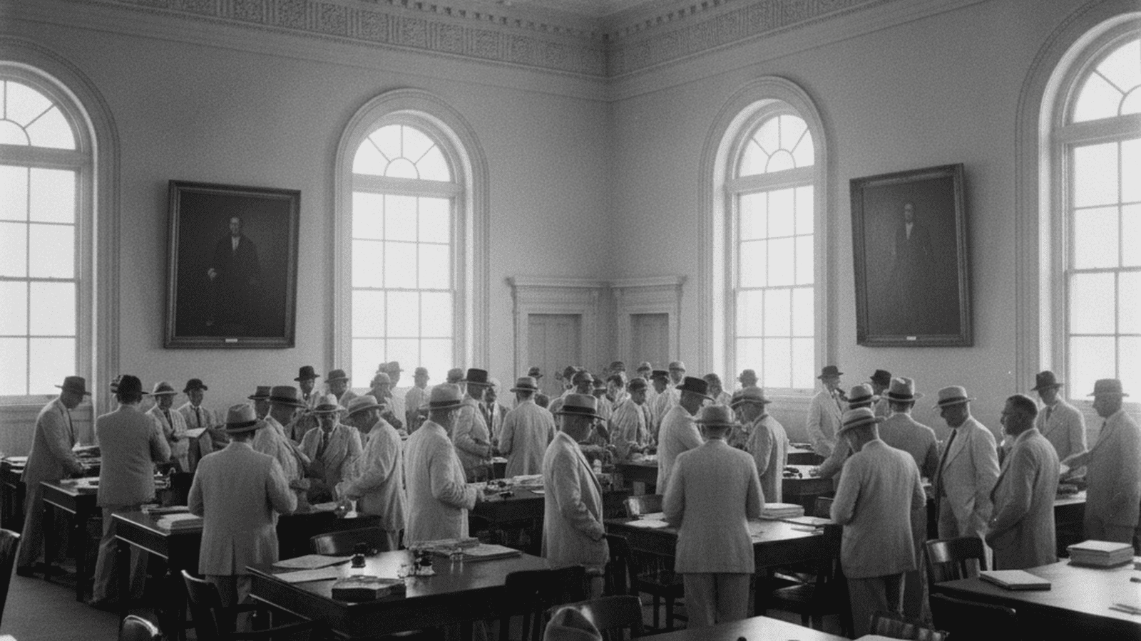 A black-and-white photo of Florida legislators in 1937 discussing policy in a high-ceilinged chamber.
