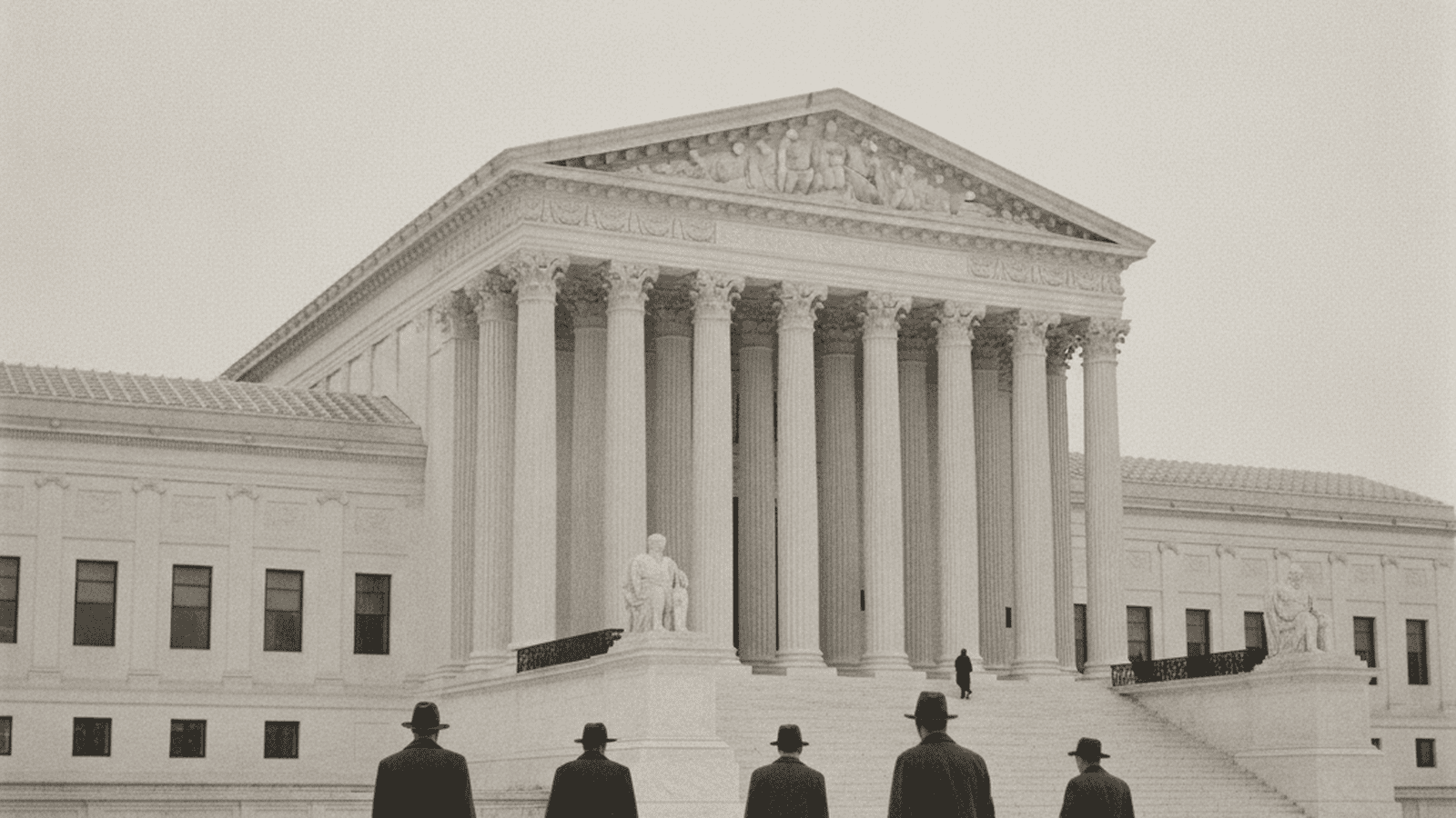 A black-and-white photograph of the U.S. Supreme Court building in 1935 with people in period attire on the steps.