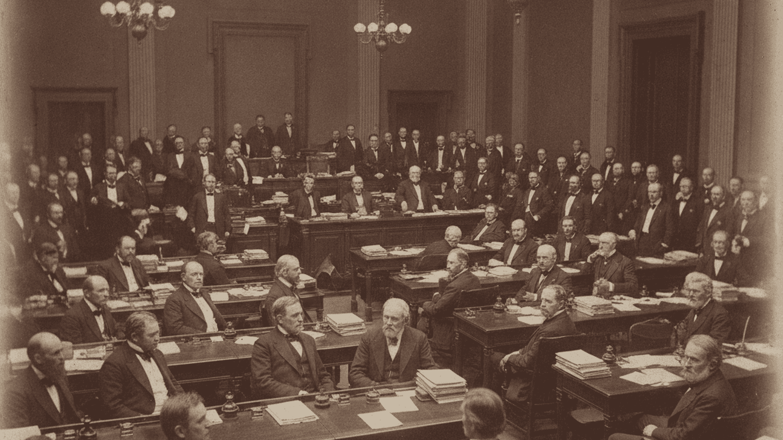history-house-corruption-investigation-1857-7adeecaa A monochrome 1857 scene of the U.S. House of Representatives chamber during a corruption investigation.