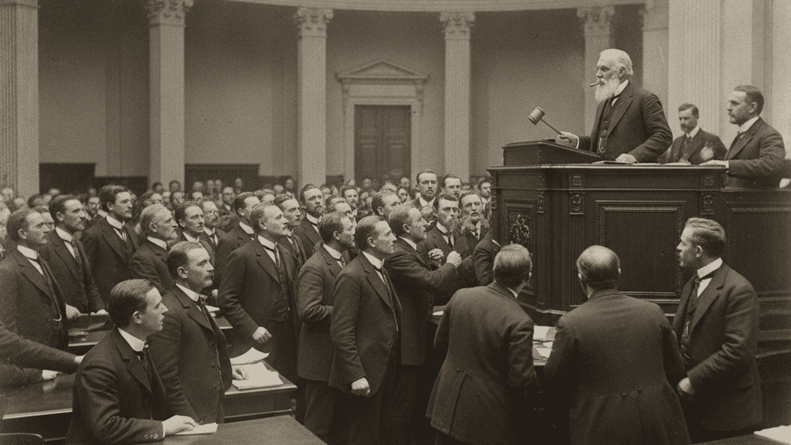 history-house-rules-revolt-cannonism-1910-9f01a968 A monochrome 1910 photograph of Speaker Joseph Cannon presiding over a crowded and tense session of the U.S. House of Representatives.