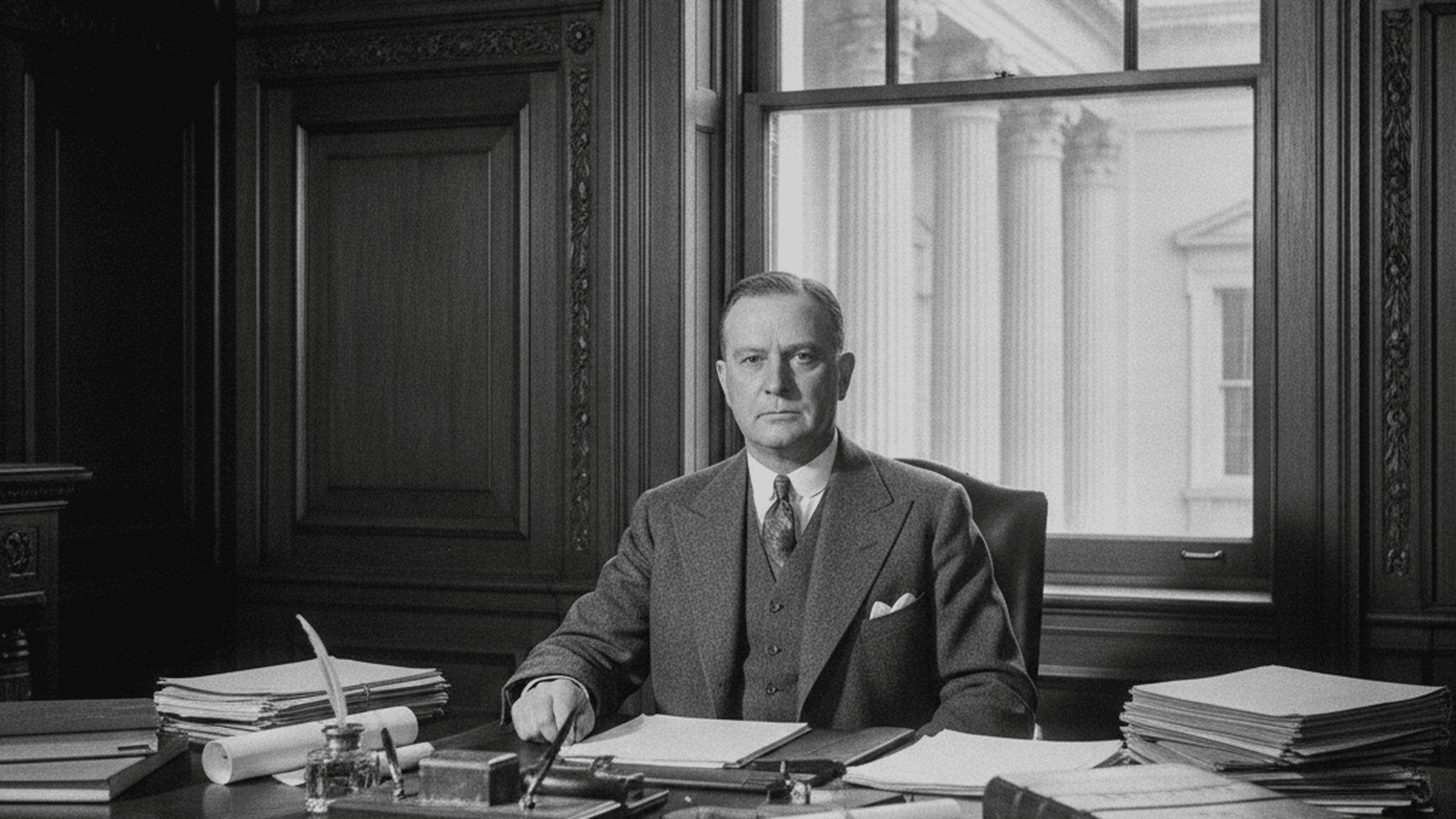 A 1935 monochrome photograph of a federal official in a wood-paneled Washington D.C. office, representing the era of the Humphrey's Executor case.