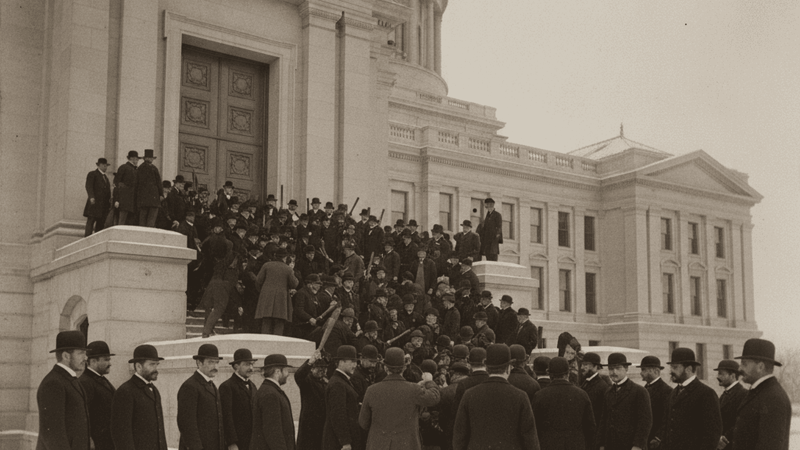 A large crowd of men in 19th-century clothing gathers outside the Kansas State Capitol during the 1893 Legislative War.