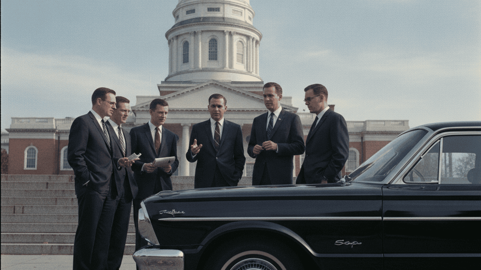 A group of men in 1960s suits stand outside the Maryland State House during the 1964 reapportionment crisis.