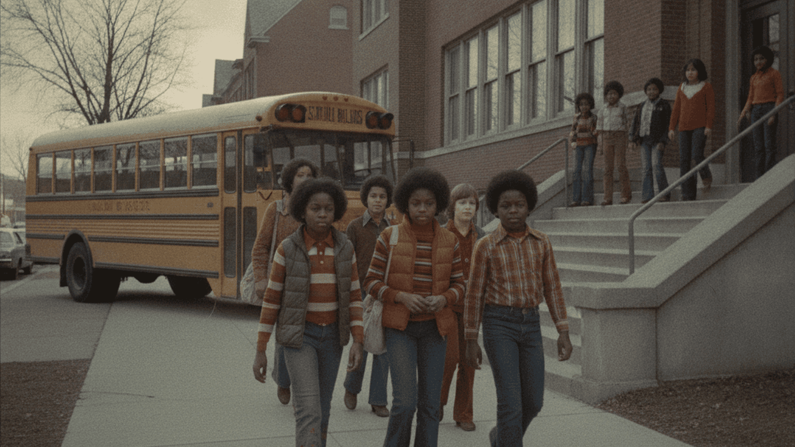 A 1976 photograph of students of different races entering a Milwaukee public school during the early stages of court-ordered desegregation.