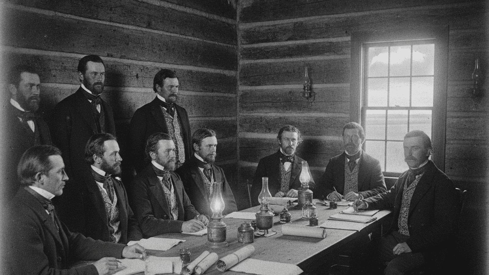 history-nebraska-territorial-election-law-1856-7e65b3ce A group of men in 1850s attire gather around a wooden table in a timber-walled room to draft legislation in the Nebraska Territory.