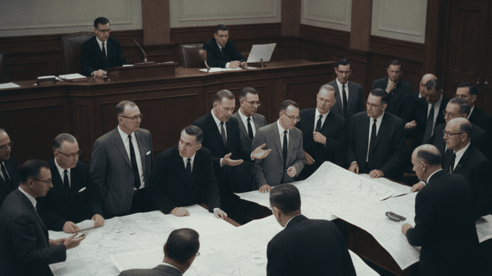 Nevada state legislators in 1965 debating new district maps in a wood-paneled senate chamber.