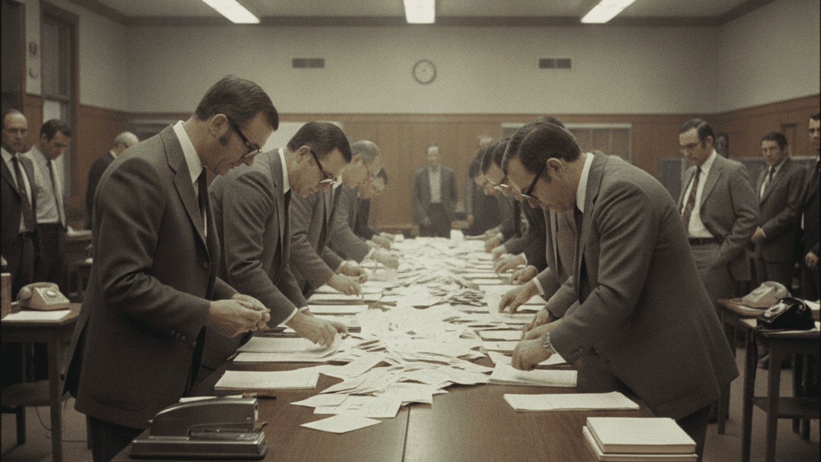 Officials and observers in 1970s attire conduct a manual recount of paper ballots in a New Hampshire town hall.