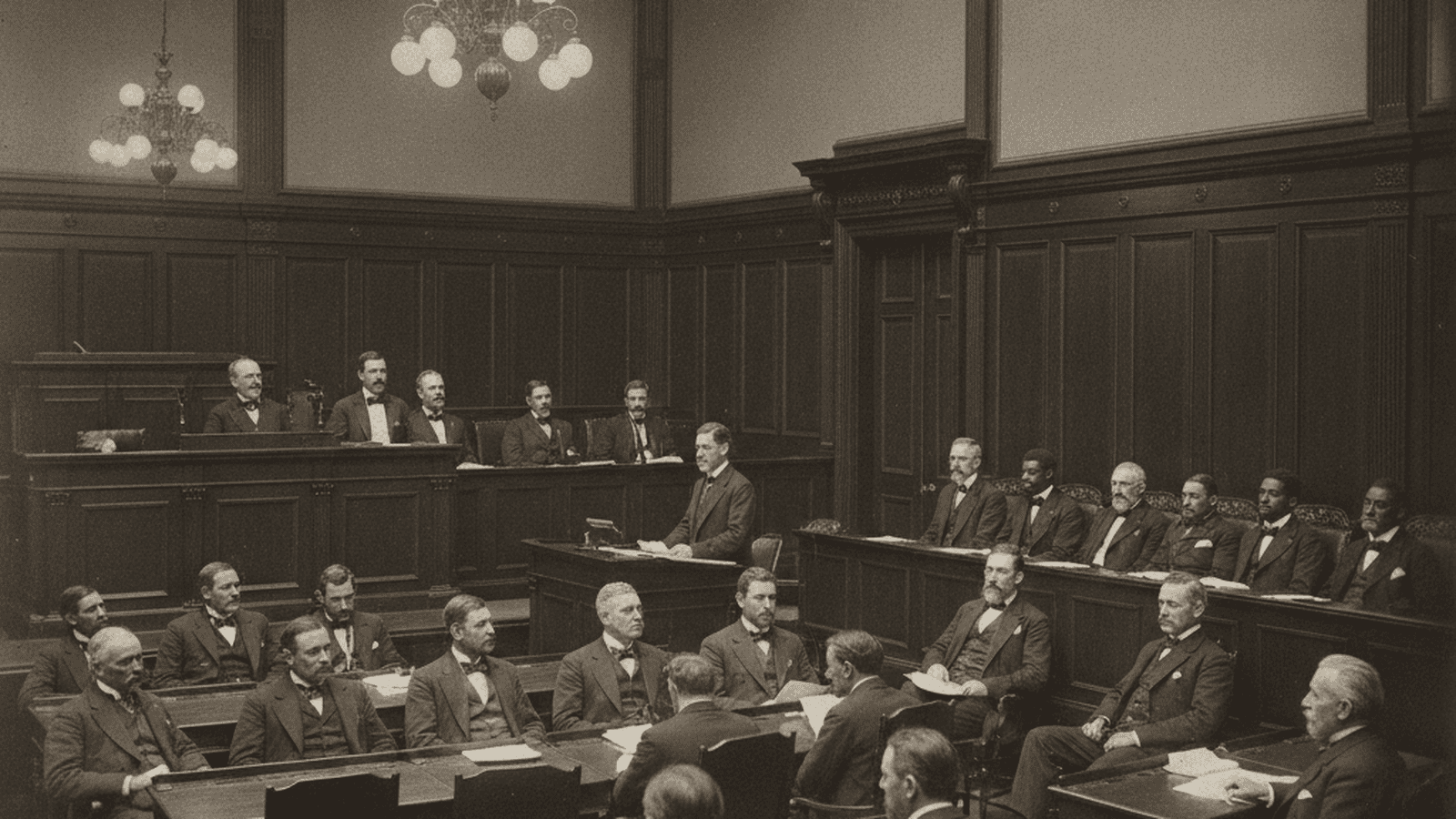 A sepia-toned photograph of a 19th-century legislative chamber with men in Victorian clothing and observers in the gallery.