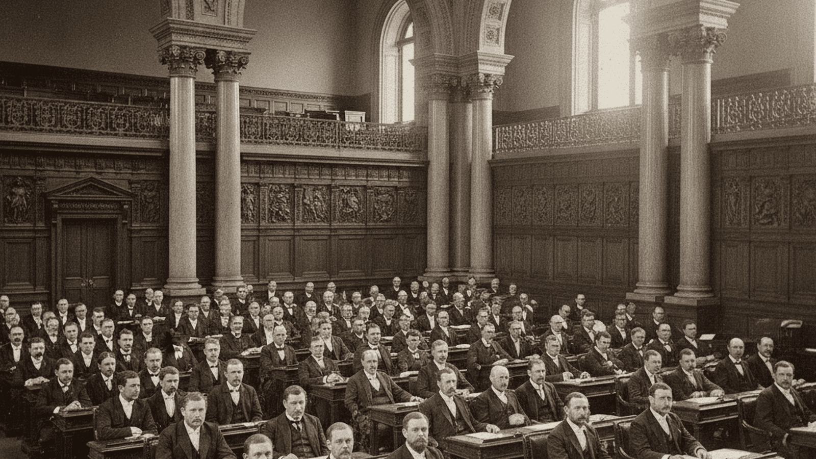 A black-and-white historical photograph of the New York State Assembly chamber during a session in 1913.