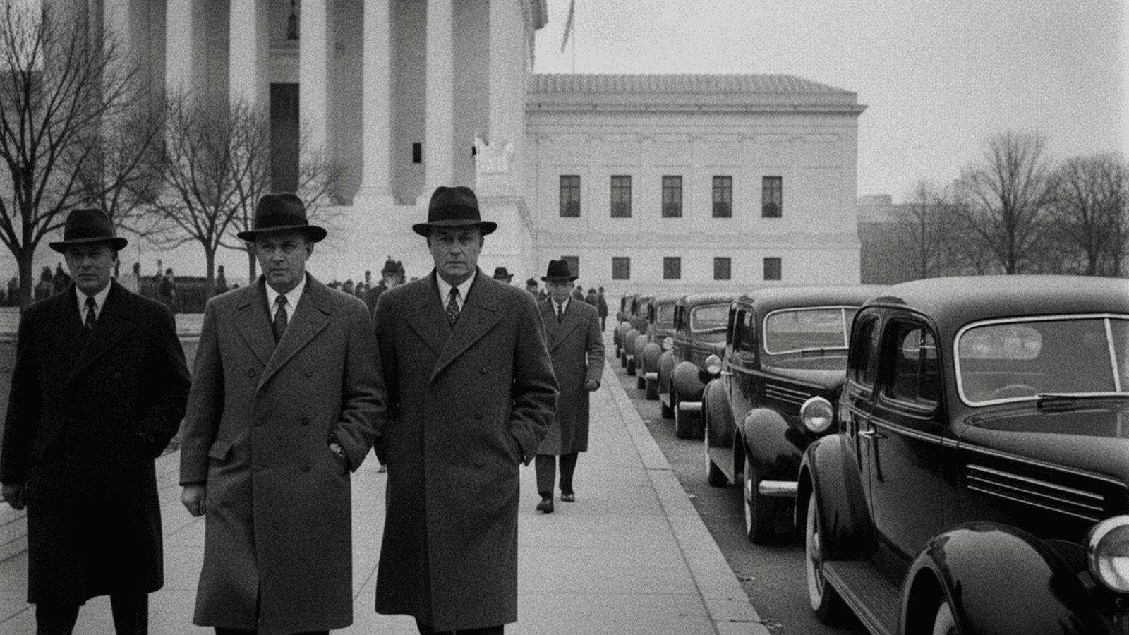 A monochrome 1935 photograph of the United States Supreme Court building with period-accurate cars and pedestrians in fedoras.