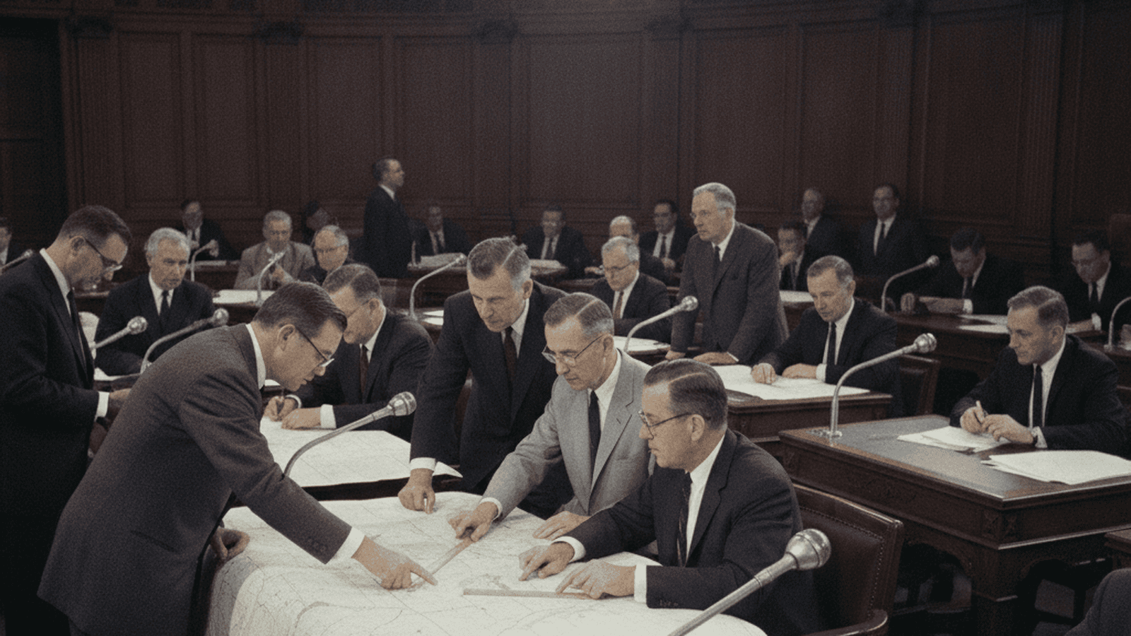 A 1966 photograph of South Carolina state senators in their chamber discussing legislative reapportionment maps.