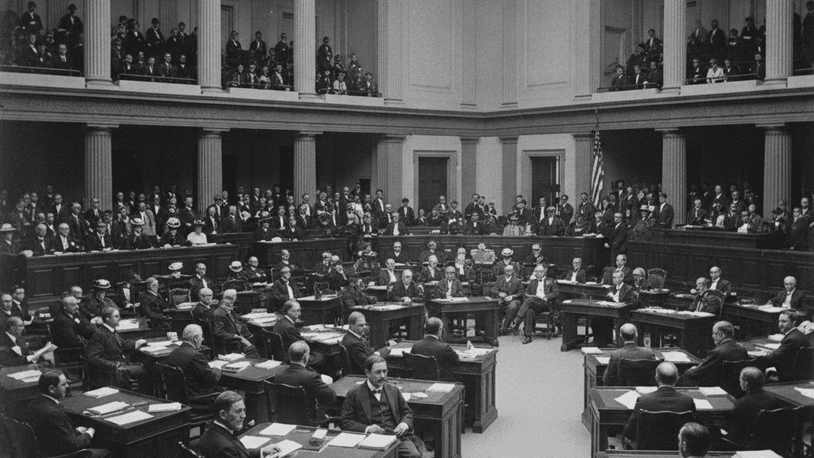 A black-and-white photograph of the U.S. Senate chamber during the early 1900s.