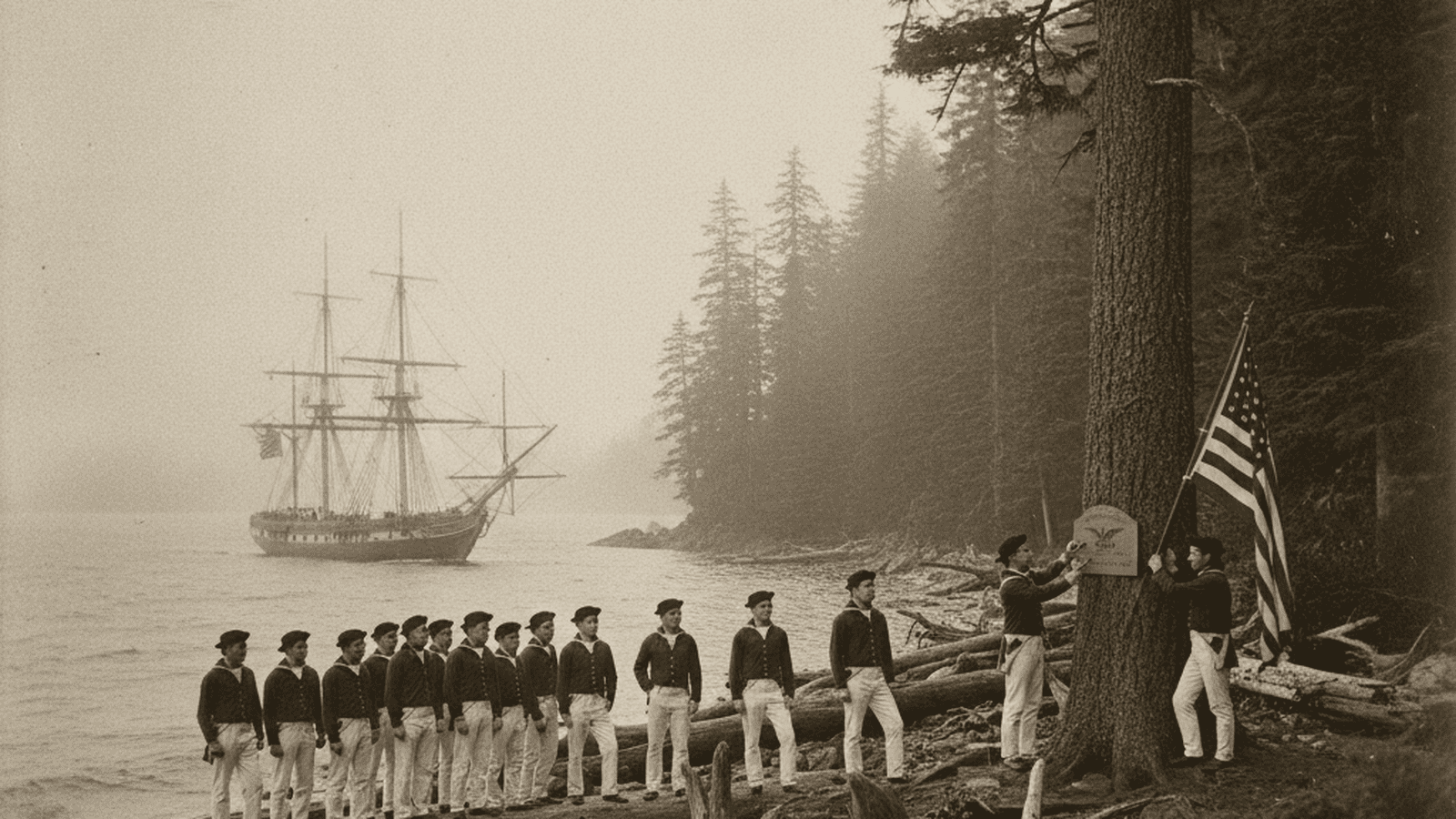 A 19th-century American naval vessel anchored off a rugged, forested coastline with sailors rowing toward the shore.