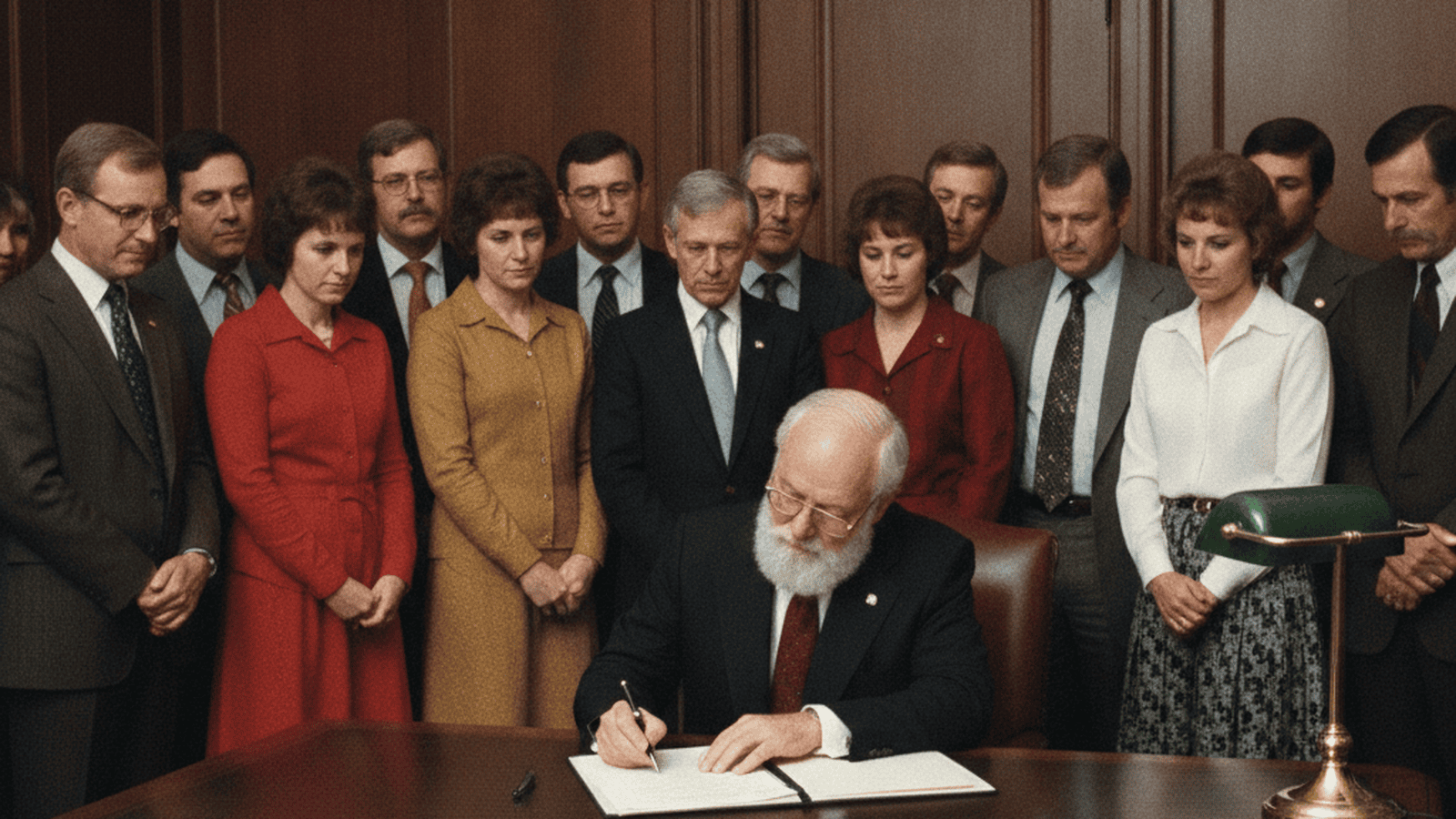 A 1982 photograph of Wisconsin Governor Lee S. Dreyfus signing the nation's first state-level gay rights law surrounded by supporters.