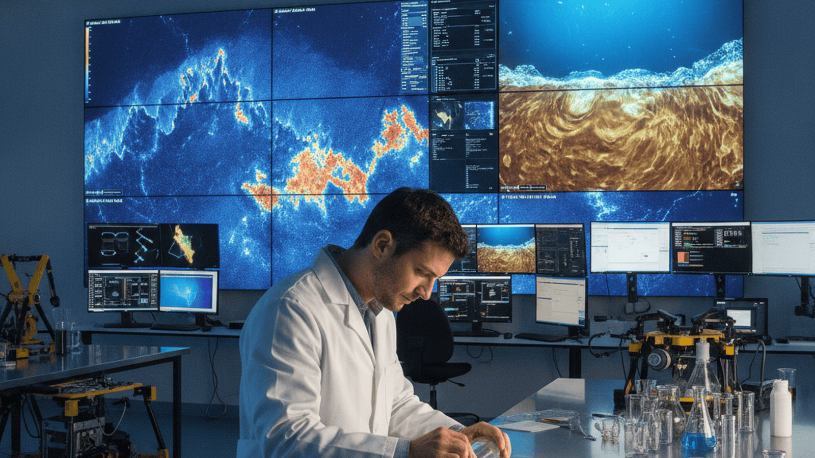 A university laboratory setting where researchers analyze deep-sea sediment cores and sonar data from a Red Sea expedition.