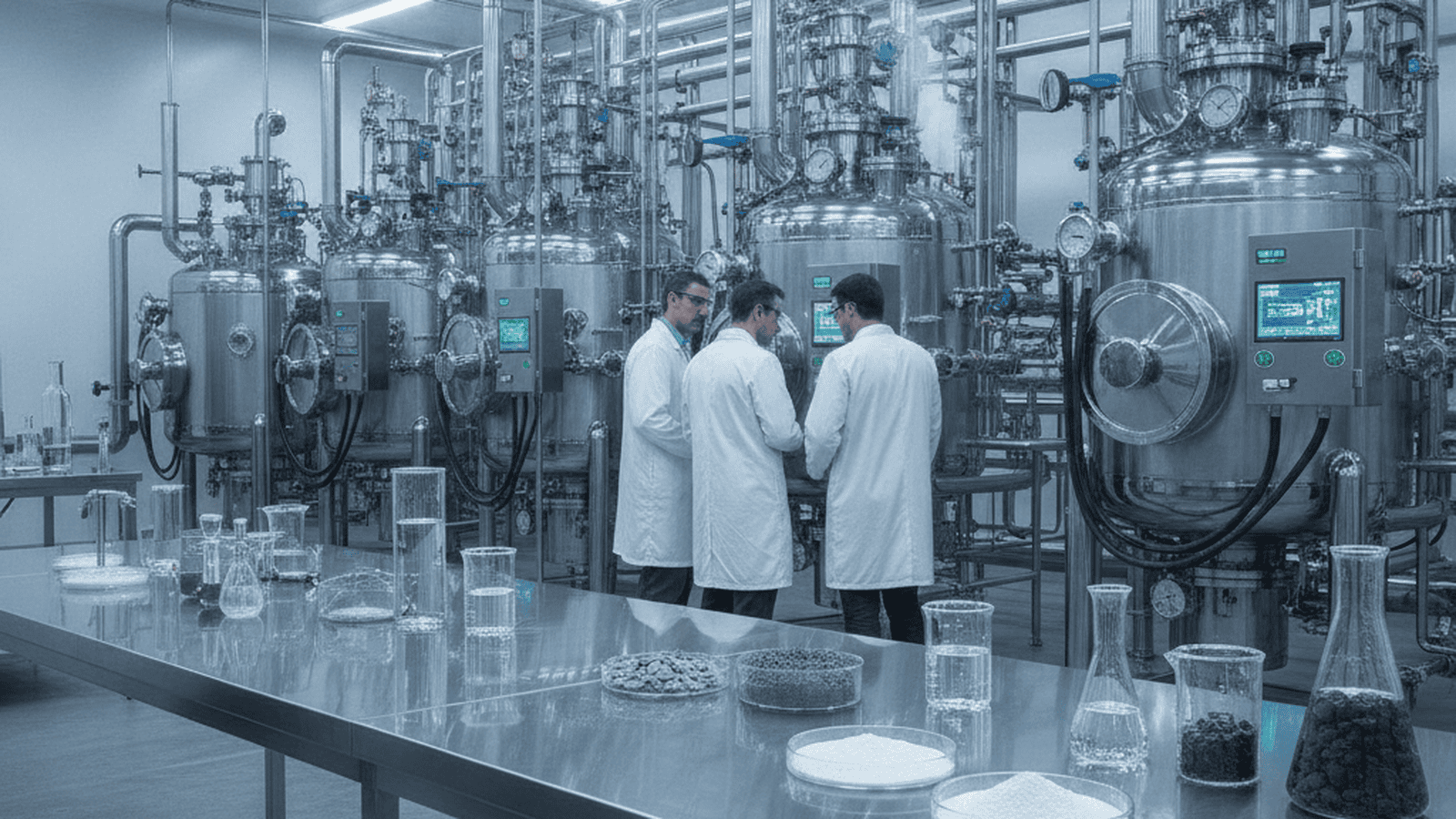 A high-tech industrial laboratory featuring stainless steel reactors and samples of white carbon-negative cement powder.