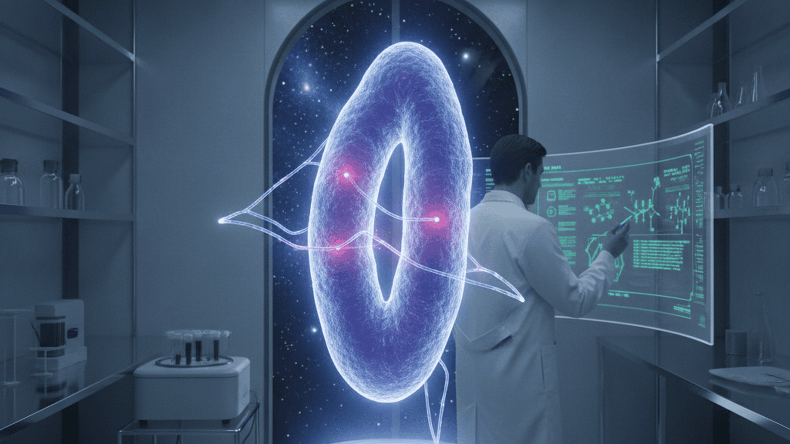 A scientist in a modern laboratory monitors genetic data next to a holographic representation of a mitochondrion.