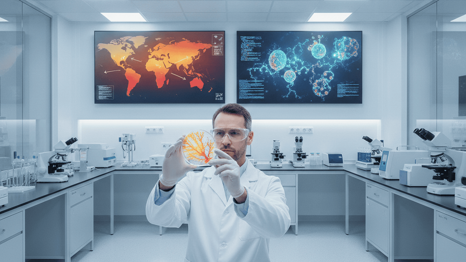 A scientist in a sterile laboratory examines a fungal culture plate while digital screens show climate data.
