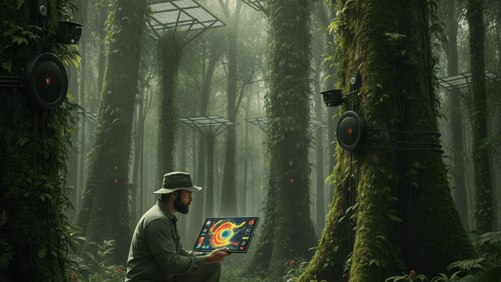A researcher in a dense rainforest uses a tablet to monitor AI-driven biodiversity data from nearby sensors.